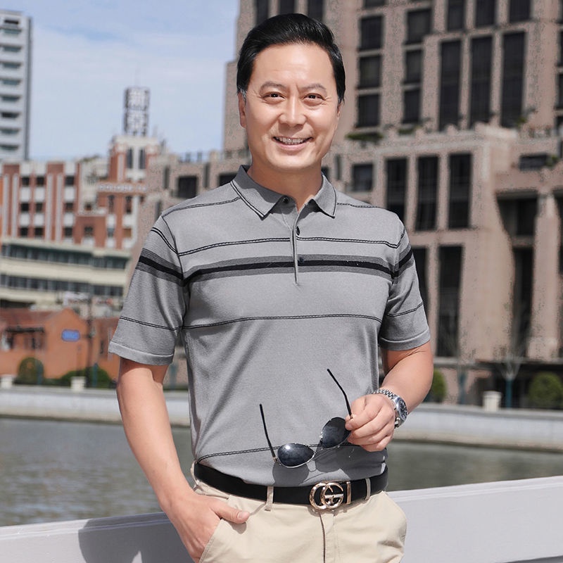 Baju Áo Thun baju T lelaki murahDad Tay Ngắn Bằng Lụa Lạnh Thời Trang Mùa Hè Cho Đàn Ông Trung Niên Gran