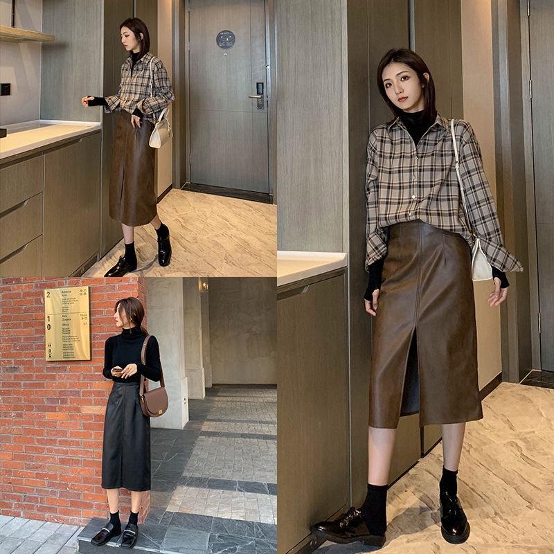 Chân Váy Da PU Lưng Cao Xẻ Tà Thời Trang Thu Đông 2022 Dành Cho Nữ