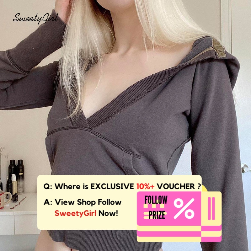 Áo Hoodie Tay Dài Cổ Chữ V Khoét Sâu Màu Xám Trơn Thời Trang 2022 Gợi Cảm Dễ Phối Đồ Dành Cho Bạn Nữ