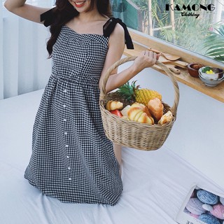 Đầm maxi caro nơ vai đen KAMONG D044