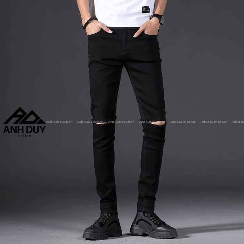Quần Jean Nam Rách Gối Màu Đen Chất Bò Cao Cấp Co Giãn Cực Đẹp Trơn Form Skinny Ôm Dáng ANH DUY SHOP QJ02050