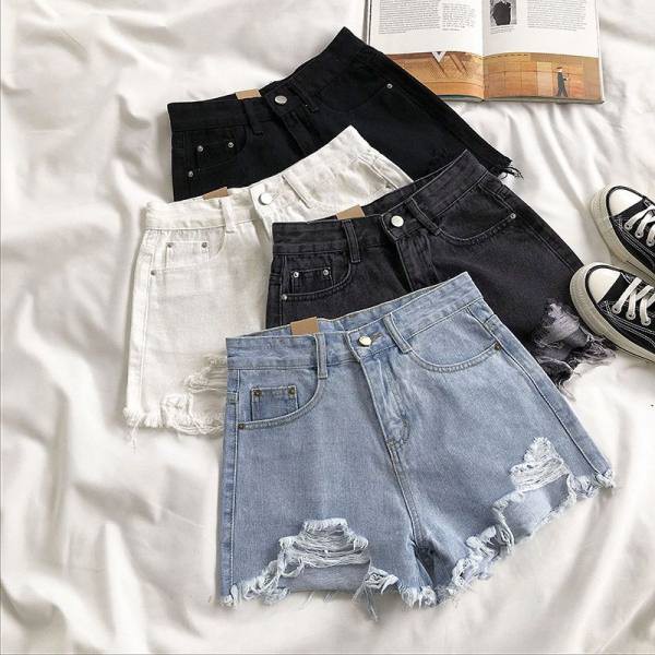 Quần đùi Denim lưng cao phong cách Hàn Quốc