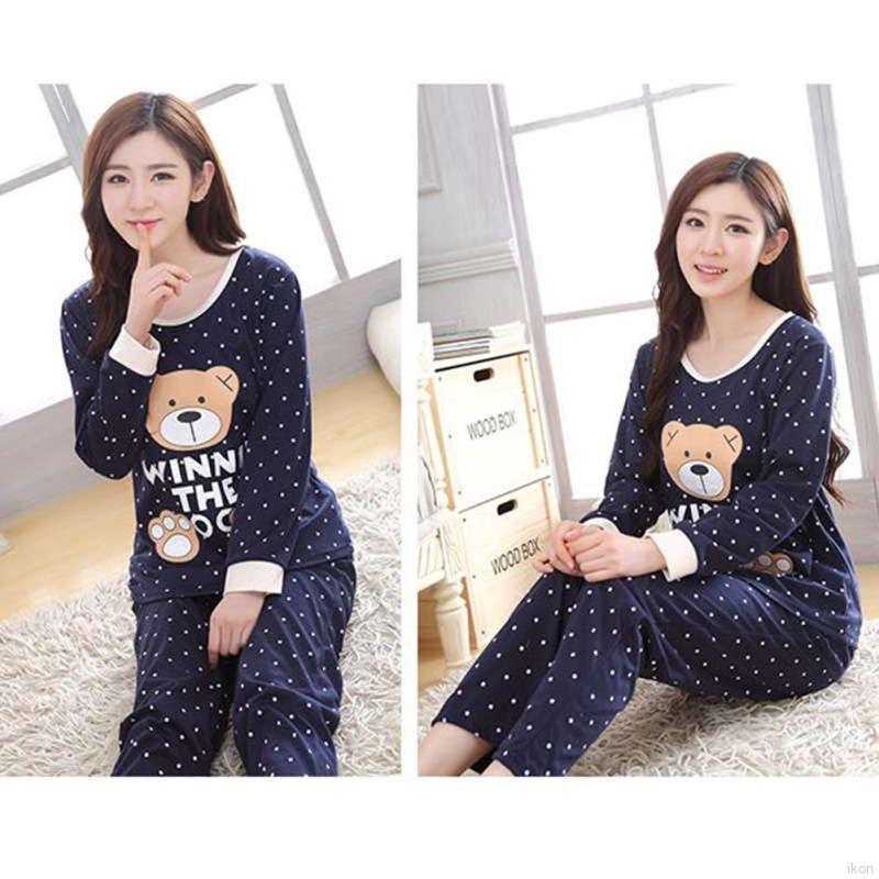 Bộ đồ ngủ dài tay họa tiết mèo và chấm bi đáng yêu cho nữ