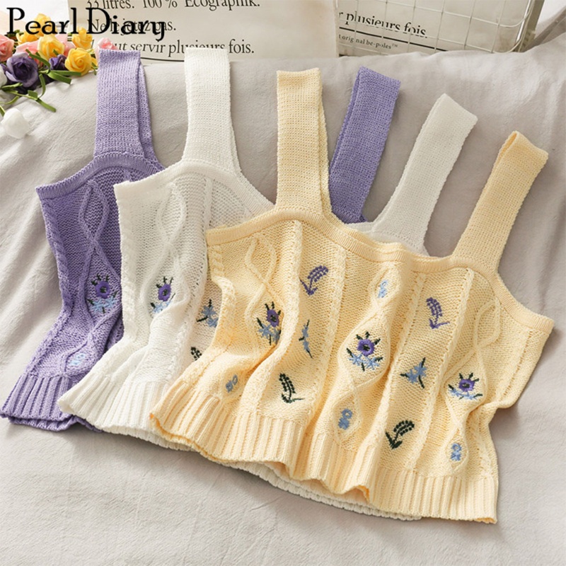 Áo Croptop Dệt Kim Hai Dây Thêu Hoa Thời Trang Đi Biển Cho Nữ