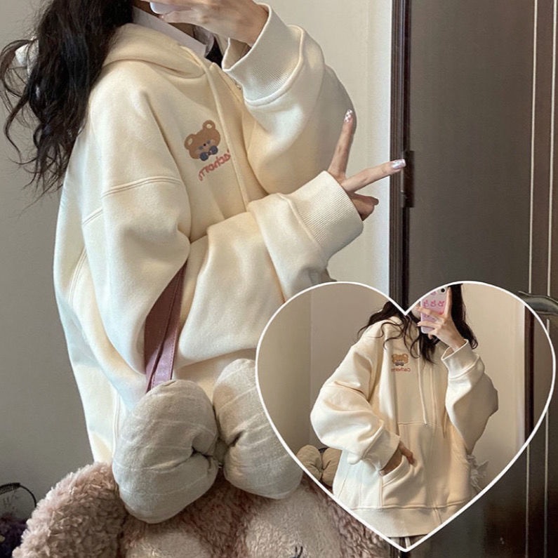 ✪Áo Khoác Phong Cách Nhật Bản✪Áo Khoác Cardigan Có Mũ Trùm Dáng Rộng Mềm Mại In Hình Gấu Kiểu Nhật Bản Thời Trang Thu Đông Cho Bạn Gái