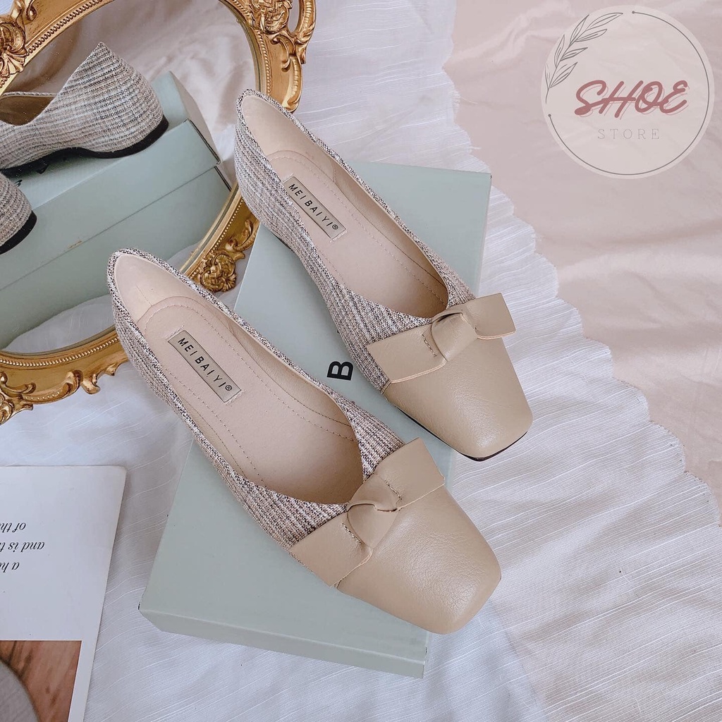 Bệt mũi tù nơ phối đen trắng kem bò K85-21A