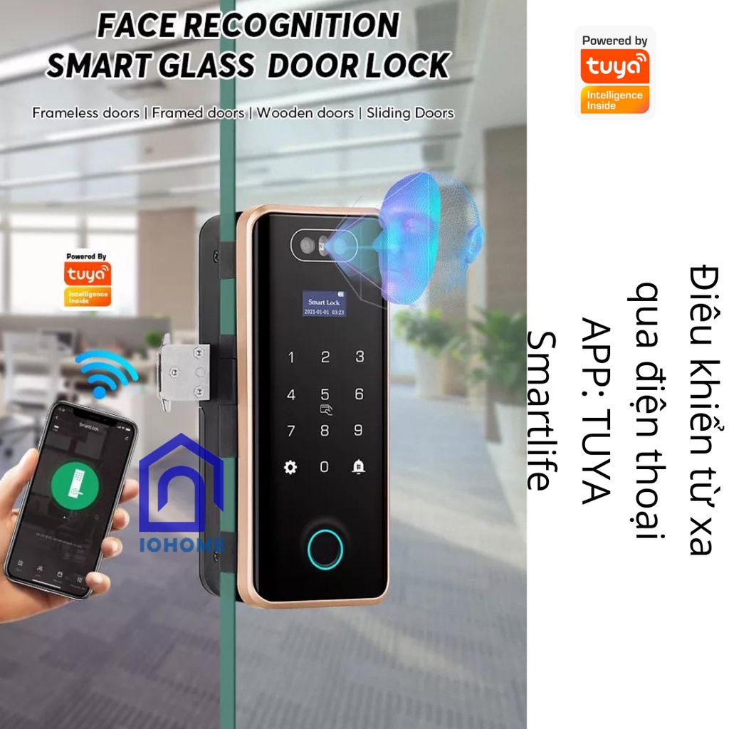 Khoá vân tay giành cho cửa kính cao cấp nhận dạng khuôn mặt 3D face - APP TUYA/ Smartlife mở cửa từ xa (Kết nối wifi)