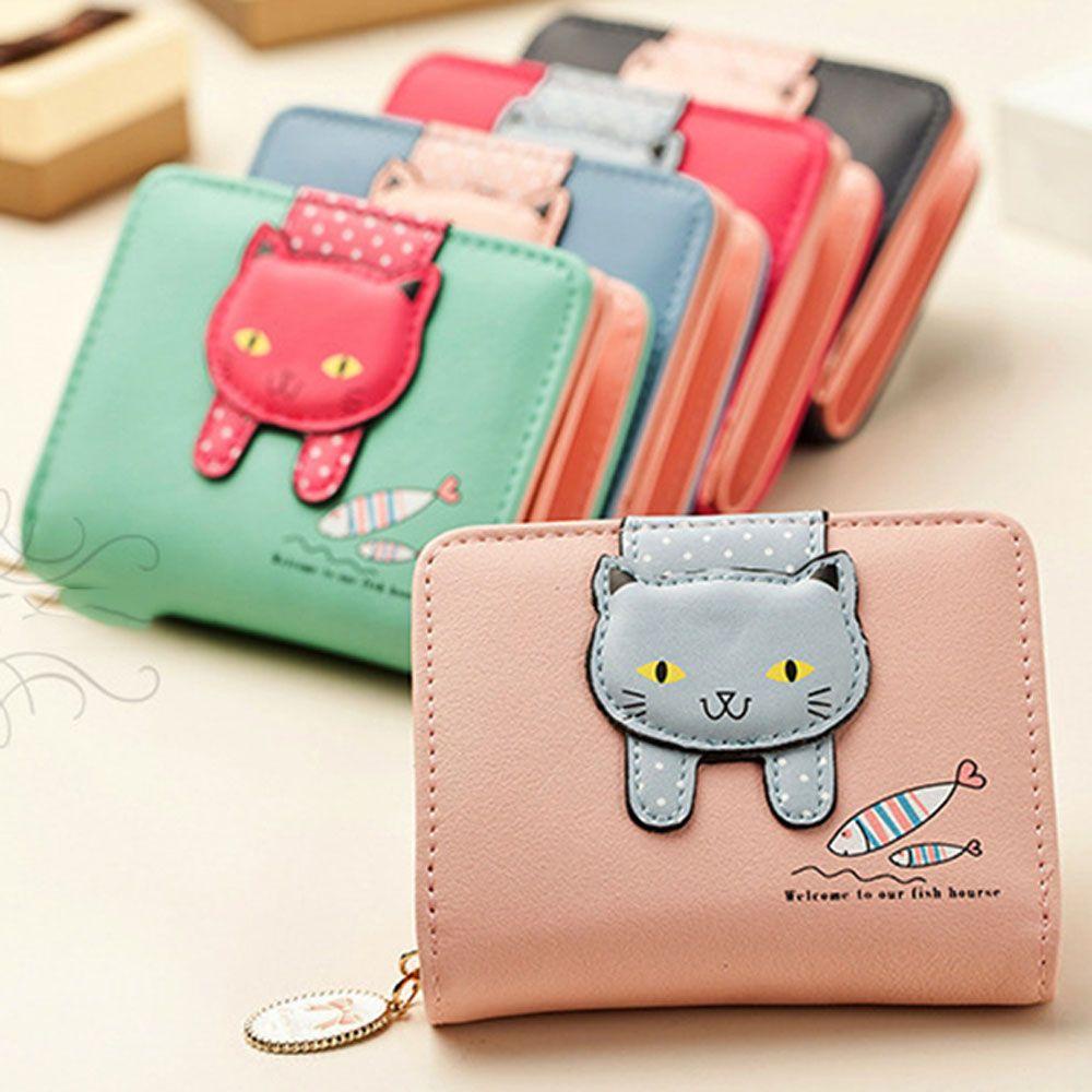 Ví Da PU Ngắn Đựng Thẻ In Hình Mèo Dễ Thương KENT1 Giá Đỡ