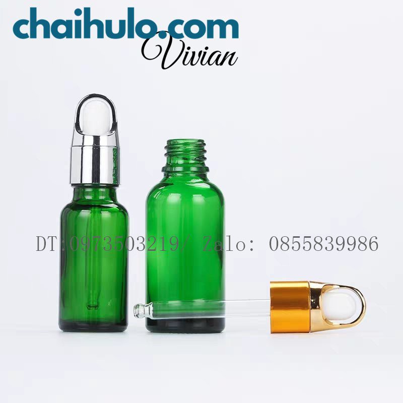 20ml - Chai lọ đựng serum, tinh dầu, mỹ phẩm, thân thủy tinh xanh lá, nắp bóp khoét