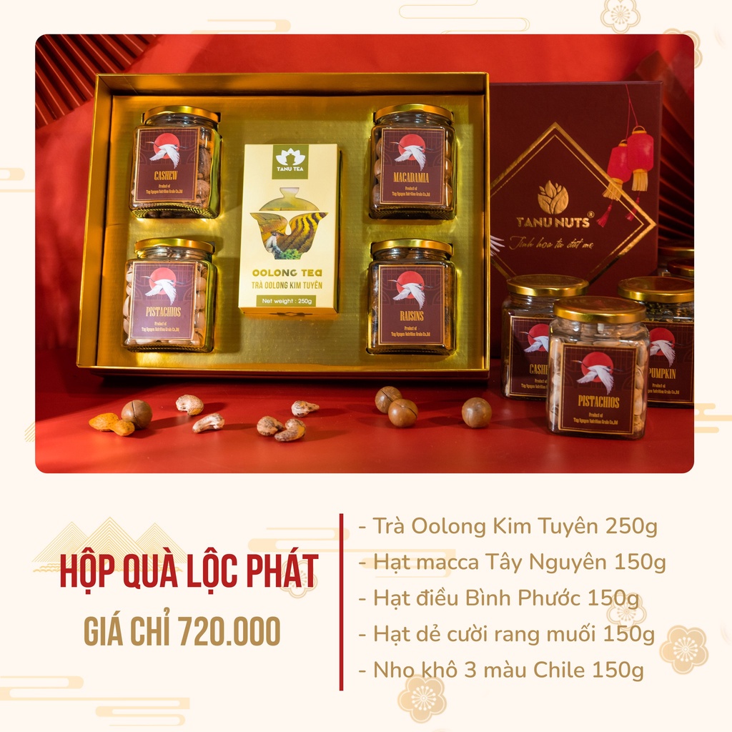 Hộp quà cao cấp Lộc Phát TANU NUTS, set quà tặng tết hạt dinh dưỡng sang trọng