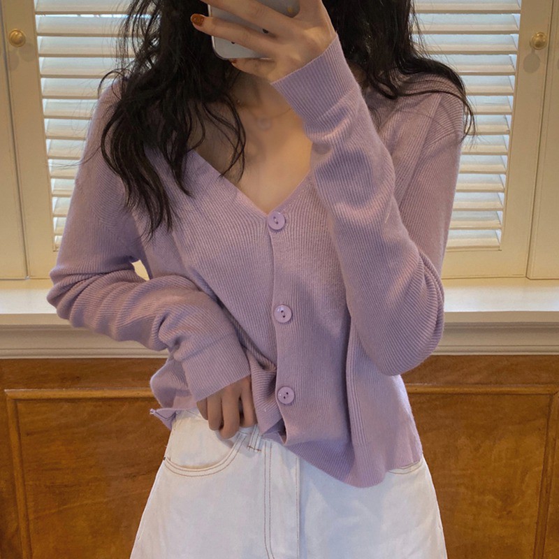 Áo cardigan dệt kim dài tay cổ V phối một hàng nút xinh xắn cho nữ