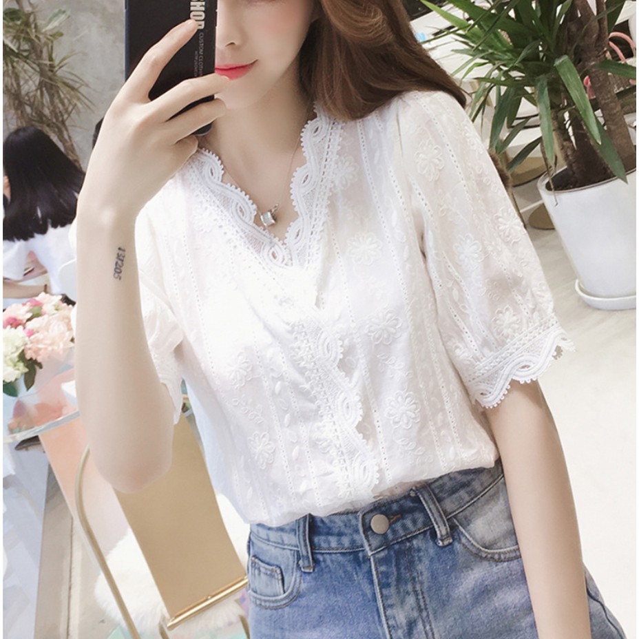 FREESHIP TỪ 50K - Áo Sơ Mi Nữ Cổ Ren Vạt Chồng Thời Trang Hàn Quốc - ASMN19.0027W | WebRaoVat - webraovat.net.vn