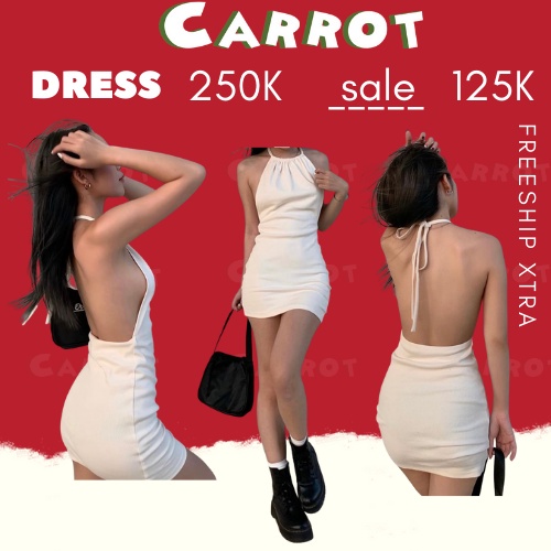 ✱Đầm body sexy hở lưng eo váy ôm cổ yếm vai cột dây quyến rũ sang chảnh màu trắng thun gân carrotxinhdep