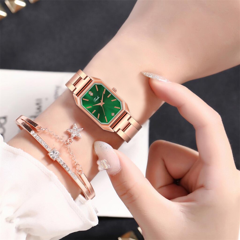 Đồng hồ thạch anh mặt chữ nhật đính hột xoàn dây thép không gỉ cho nữ