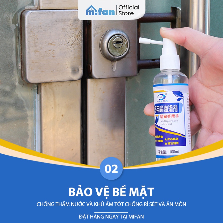 Chai Xịt Dầu Bôi Trơn Đa Năng Lkb 100ml MIFAN- Giảm tiếng ồn, ngăn chặn rỉ sét cửa, ổ khóa, bánh xe, ray trượt, khớp nối