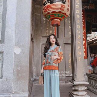 Bộ lam đi chùa thổ cẩm cột eo