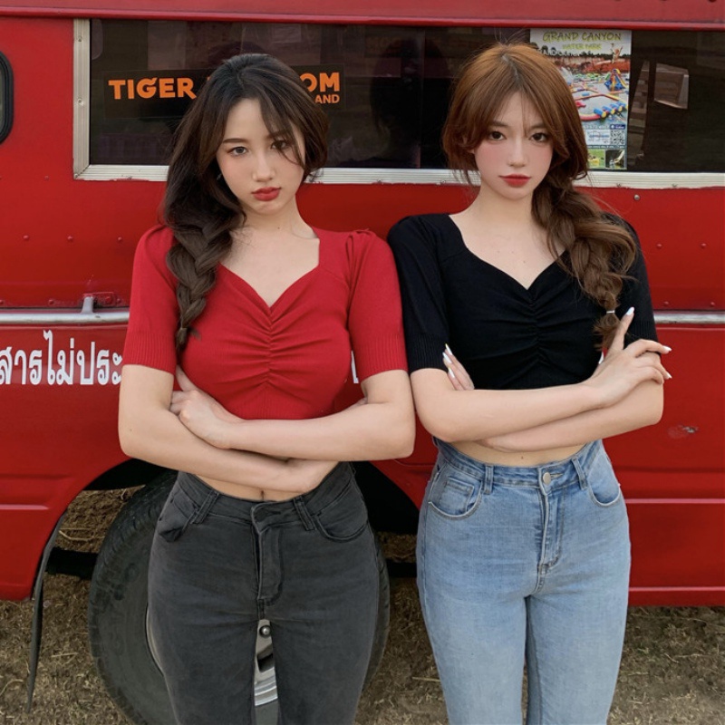 Áo Croptop Dệt Kim Tay Ngắn Thiết Kế Cổ Chữ V Màu Sắc Thanh Lịch