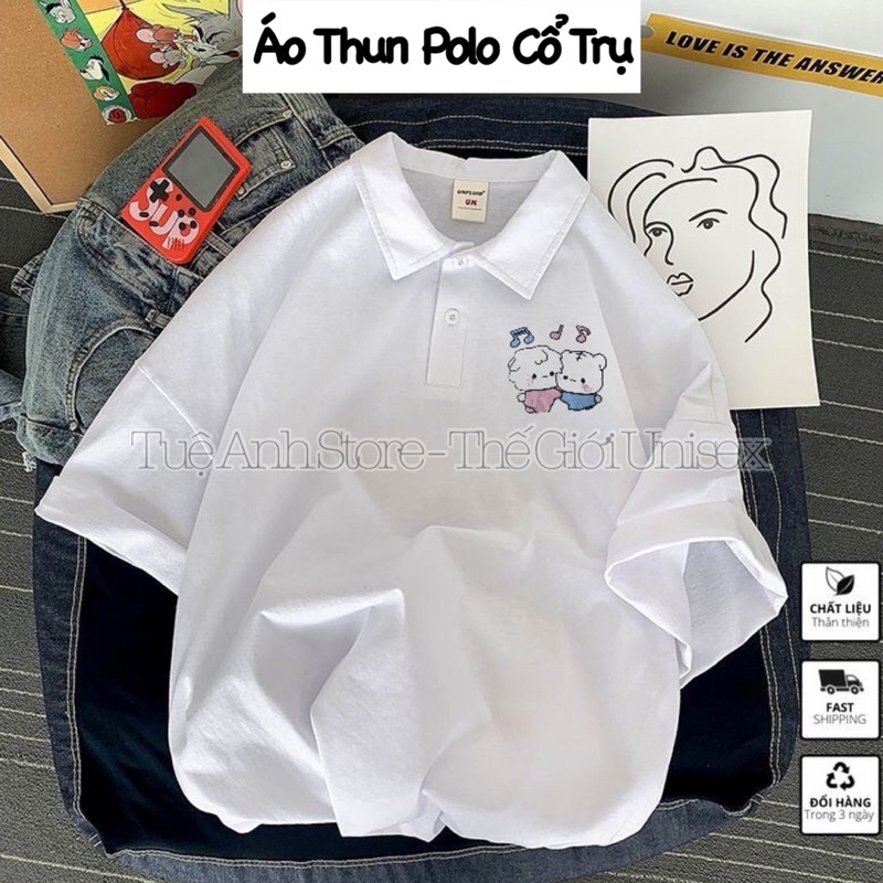Áo Thun Polo Cổ Trụ Tay Lỡ Thêu/In Hoạ Tiết Đơn Giản thích hợp NAM NỮ - Áo thun From Rộng Unisex Nam Nữ freesize 38-68kg