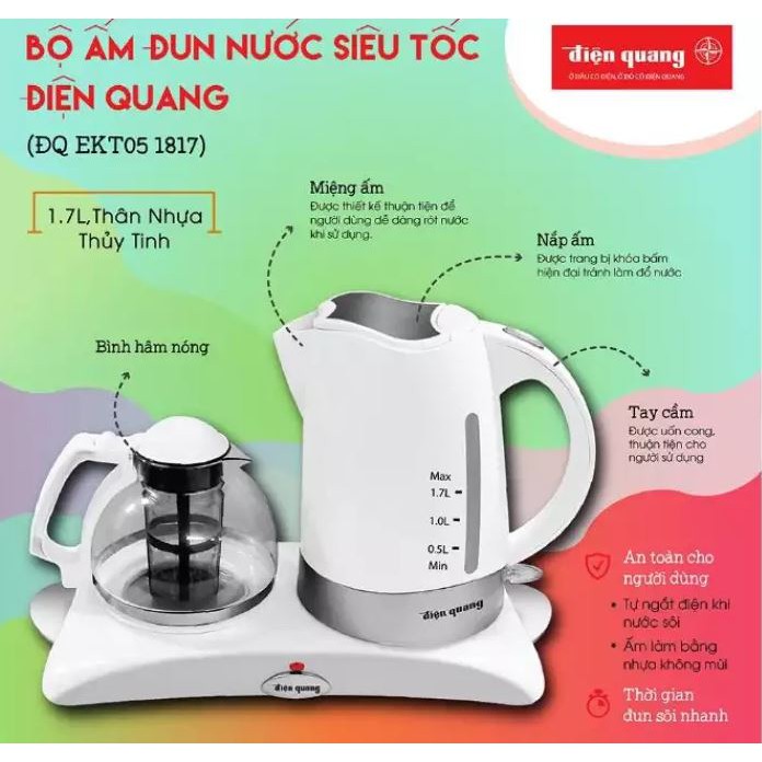 BỘ ẤM ĐUN SIÊU TỐC ĐIỆN QUANG LOẠI TỐT EKT05, bình nấu nước nóng xịn tốt dùng để tiếp khách sang trọng