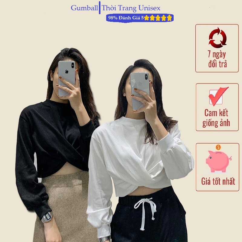 Áo croptop tay dài, áo croptop kiểu nữ tay phồng xoắn bụng vải cotton thoáng mát cá tính