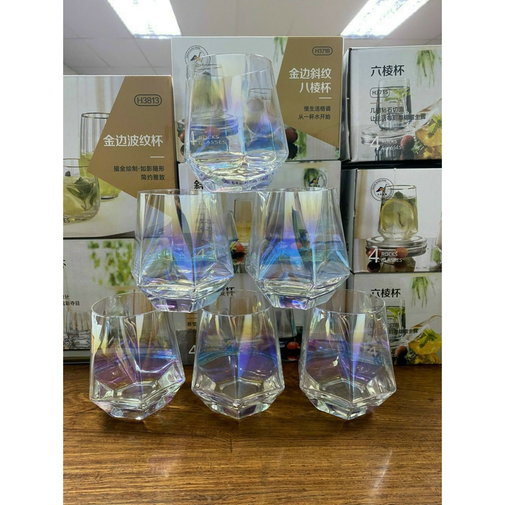 Bộ 6 cốc thủy tinh sắc màu kèm giá treo kiểu dáng lạ mắt ( chưa kiot)