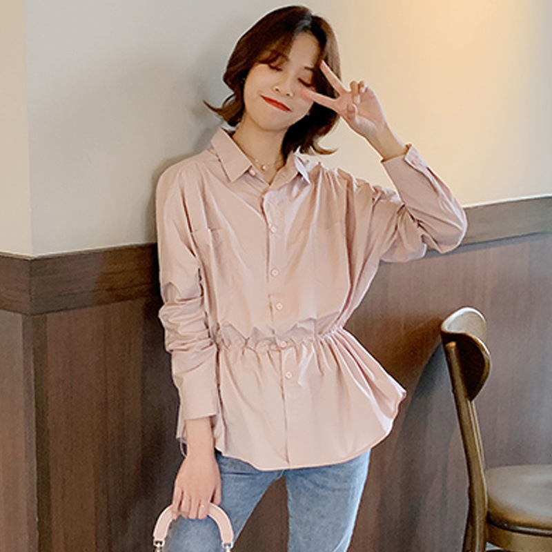 IELGY   Áo Sơ Mi Tay Dài Dáng Rộng Lưng Cao Phong Cách Hàn Quốc Thời Trang Cho Nữ