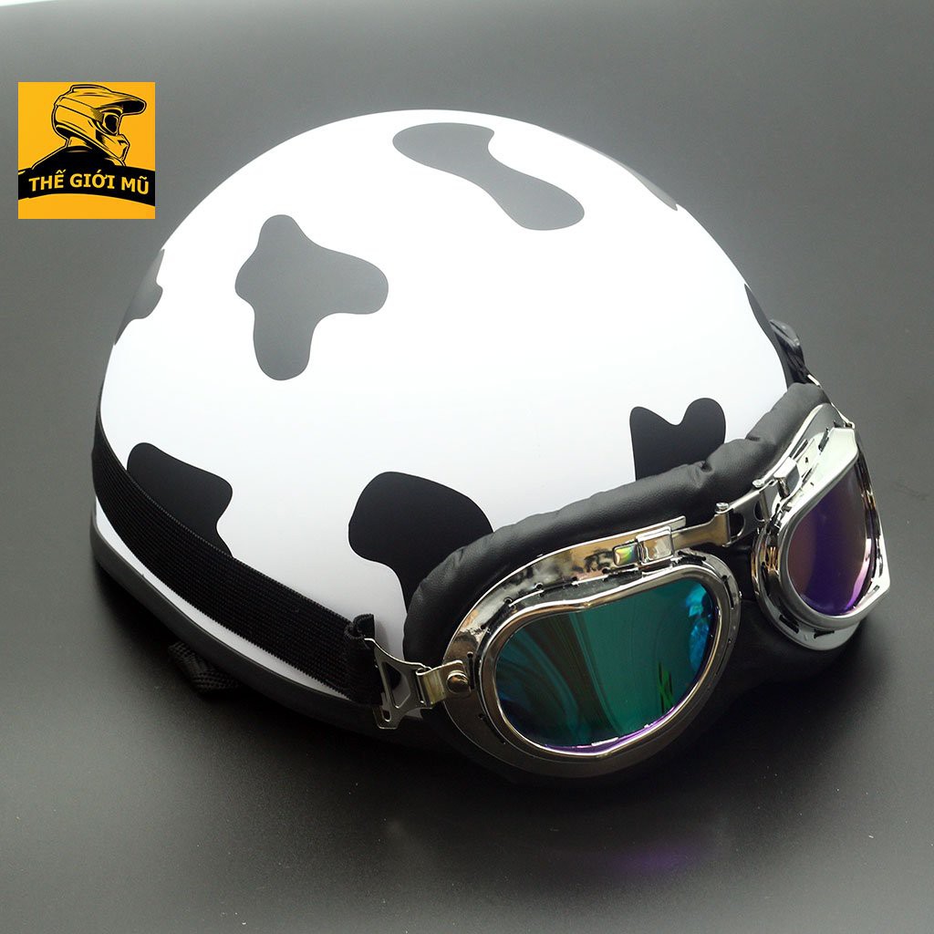 Mũ bảo hiểm bò sữa trắng đen nửa đầu kèm kính xinh xắn, free size nam nữ
