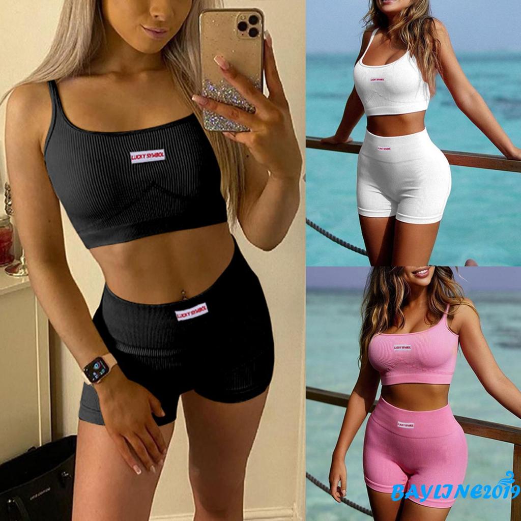 Set áo croptop sát nách cổ chữ U phối quần short màu hồng/đen/trắng thời trang cho nữ