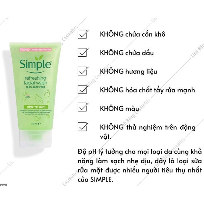 Sữa Rửa Mặt Simple Gel kind To Dạng Gel Da Nhạy Cảm Chính Hãng150ml