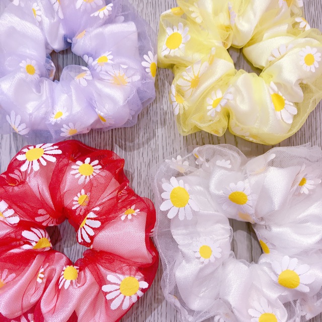 Scrunchies - cột tóc vải 2 lớp họa tiết hoa cúc và nhiều hình xinh