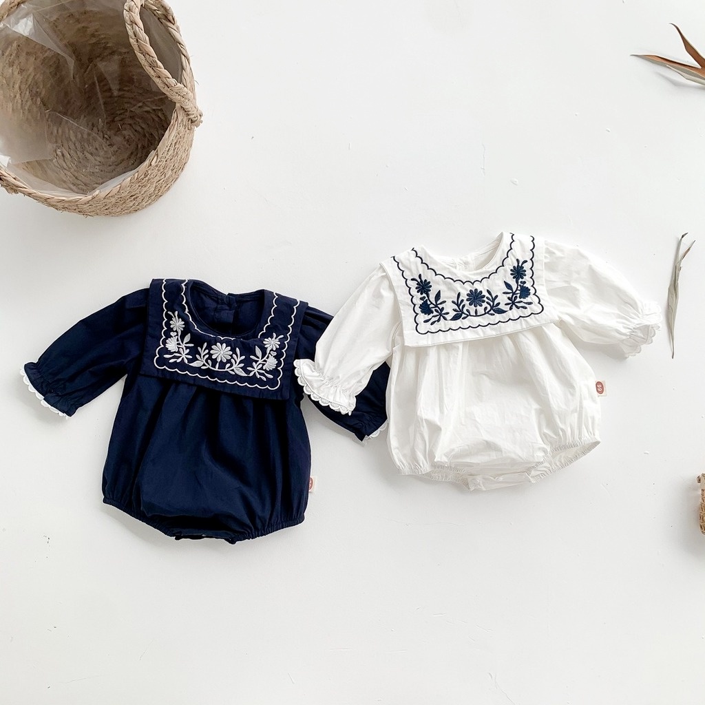Áo liền quần cotton tay dài màu trắng/ navy họa tiết thêu cho bé gái 0-24 tháng tuổi