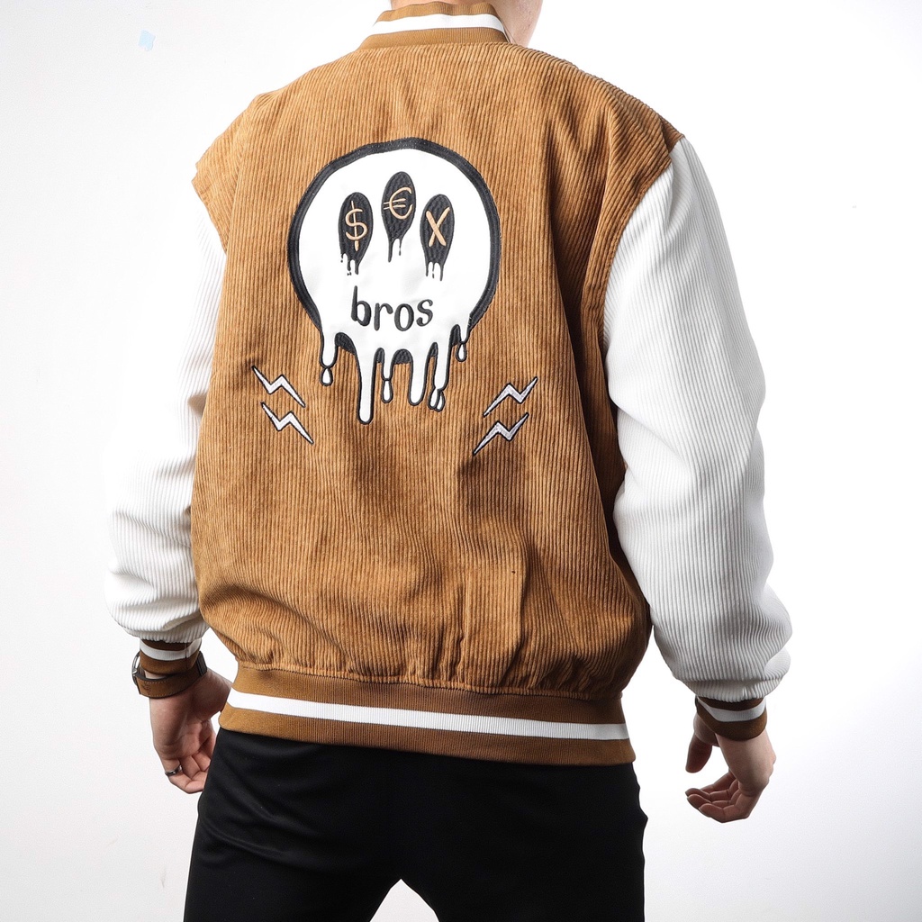 (MẪU MỚI) Áo Bomber Nhung Gân Thêu BROS Chất Nhung Mịn Đẹp Form rộng Unisex Nam Nữ Couple jacket Varsity Graffiti