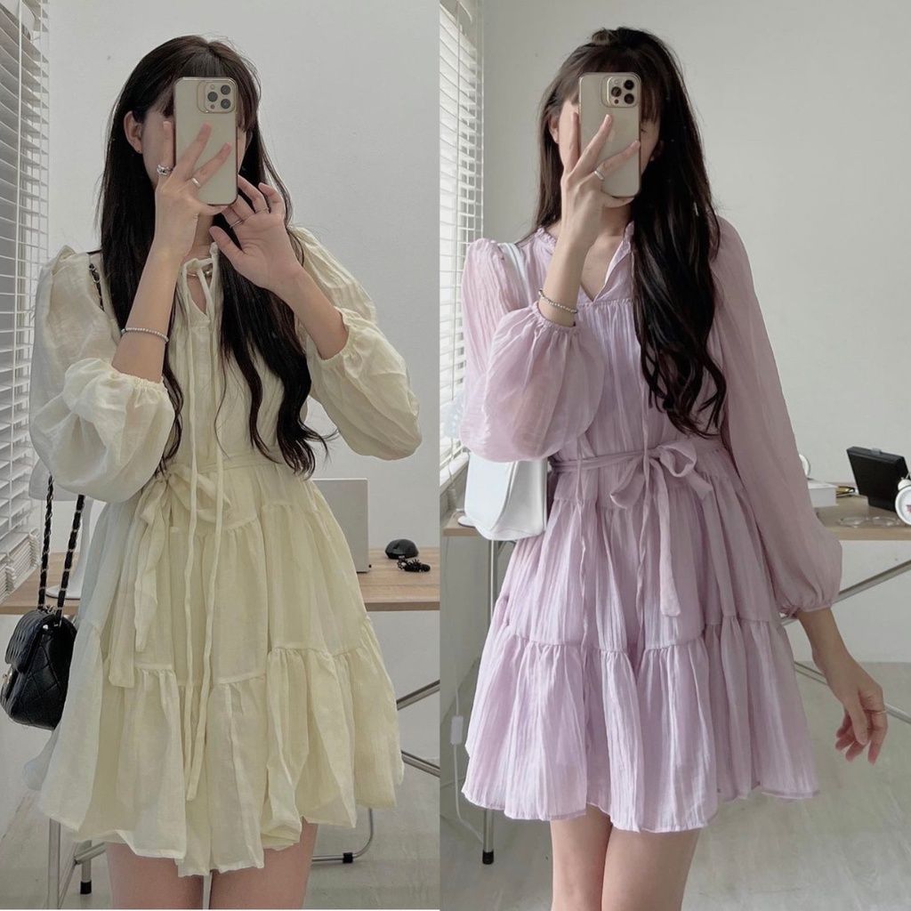 Váy baby doll dáng xoè tiểu thư chất đũi mềm nhẹ siêu xinh phong cách hàn quốc