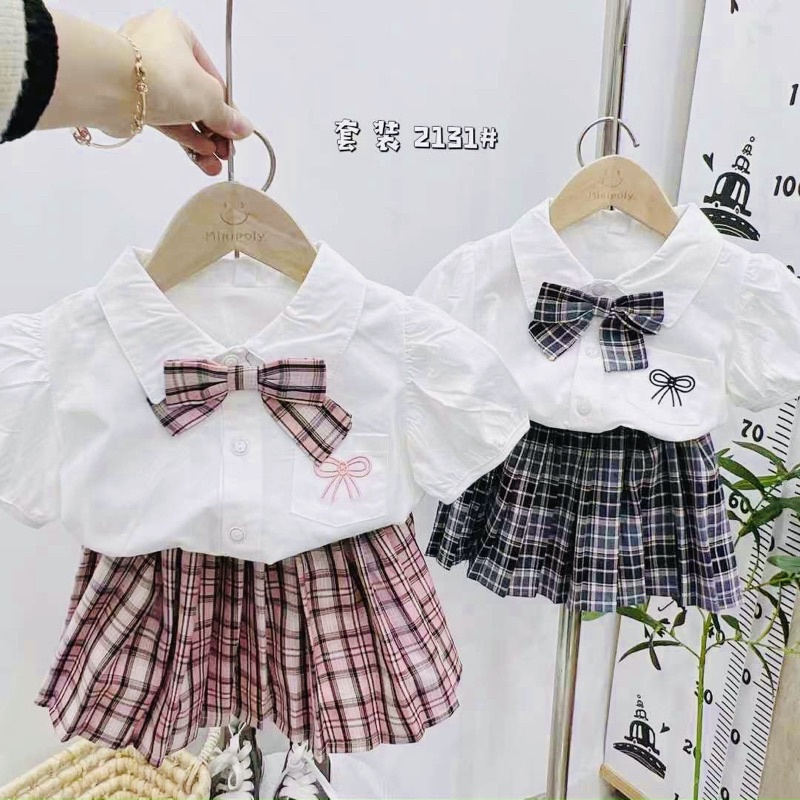 Set áo sơ mi, quần váy xếp li siêu xinh
