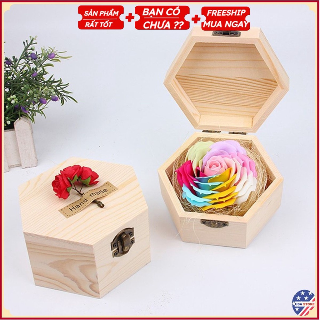 Hoa Sáp 7 Màu Một Bông Trong Hộp Gỗ ( Hộp Hình Lục Giác)