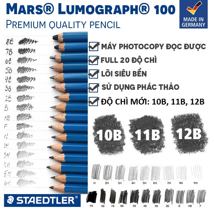 Bút Chì Đức Staedtler Mars Lumograph - Chì Gỗ thân Xanh Vẽ Phác Thảo Ký Họa