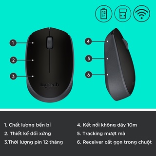 Chuột không dây Logitech B170 - USB, nhỏ gọn, thuận cả 2 tay, phù hợp PC/Laptop