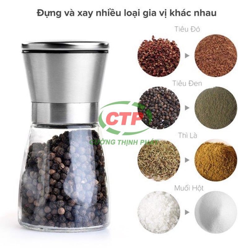 Dụng cụ lọ xay tiêu thủy tinh, nắp inox