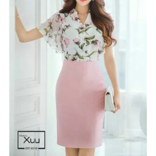 Chân váy bút chì suông hồng nhạt trên gối ( váy 2 lớp)