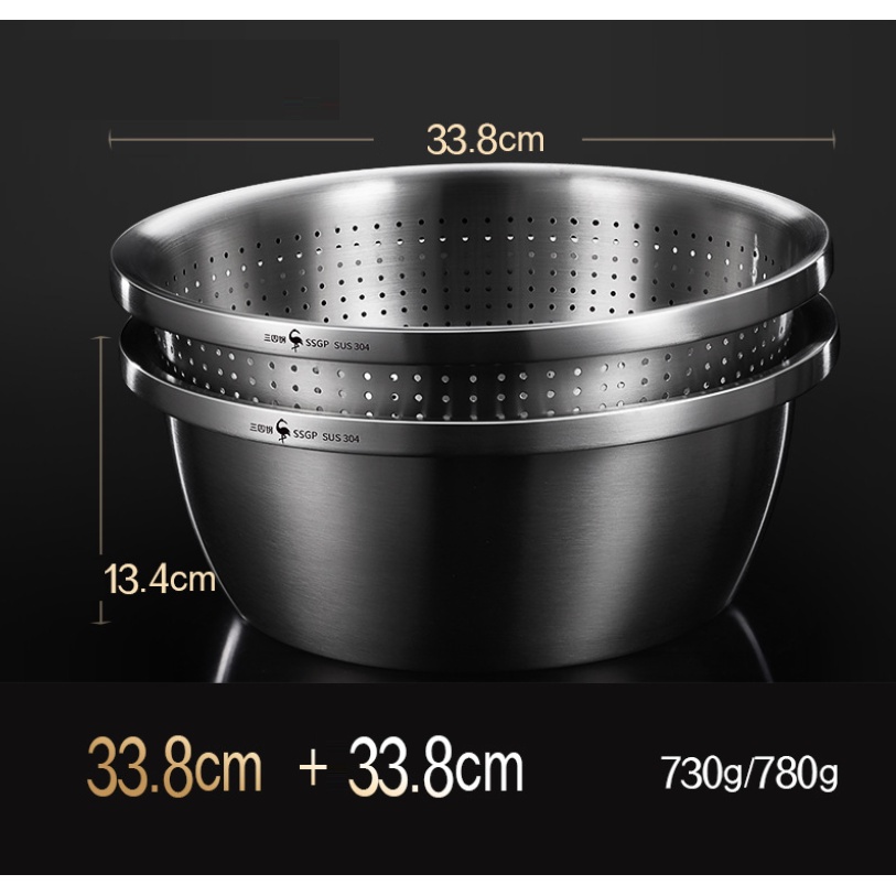 Thau rổ inox 304 thép ko gỉ đựng rửa rau củ quả vo gạo trộn salad làm bánh đa năng cao cấp SSGP size 22 24 26 30 32 34cm