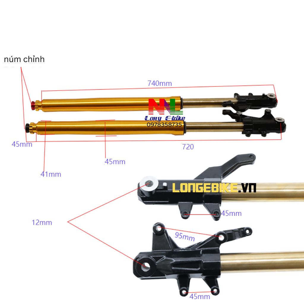Phuộc upside down ty vàng tăng chỉnh, độ xe máy xe điện