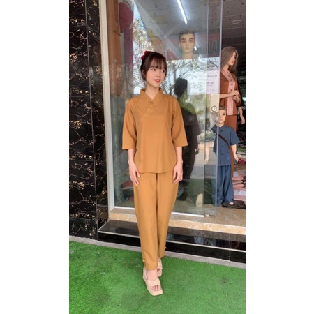 Bộ nữ đi chùa 1 nút kate không thêu.