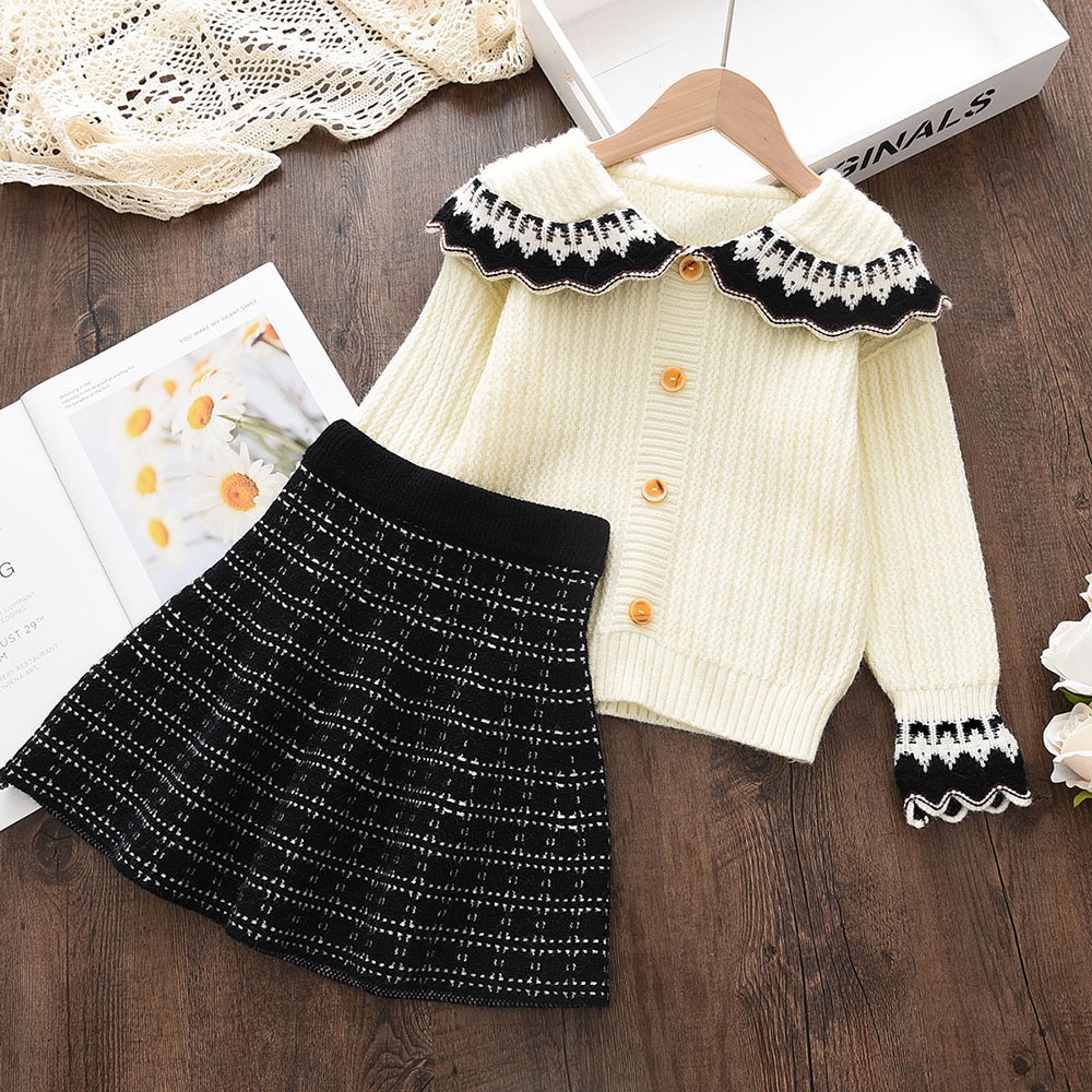 Set đồ BEAR LEADER gồm áo sweater tay dài cổ viền ren màu trơn+chân váy xếp ly thời trang thu đông cho bé gái 2-6T