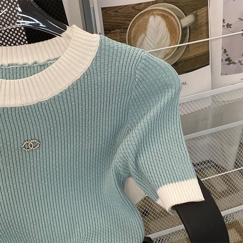 Áo Thun Lụa Lạnh Tay Ngắn Màu Sắc Tương Phản Phong Cách Pháp Thời Trang Mùa Hè Cho Nữ