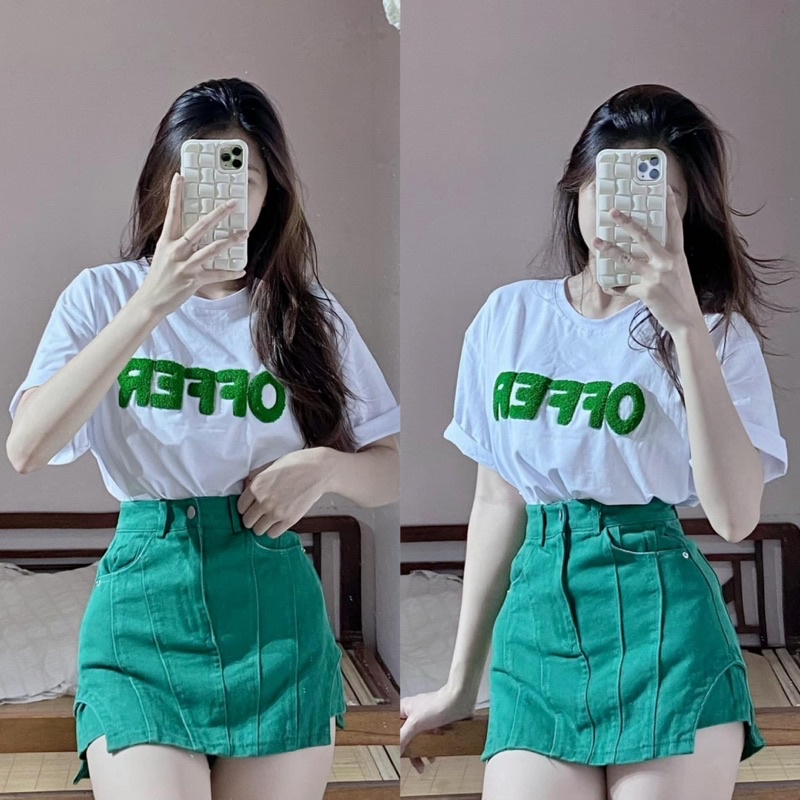 Set Áo Phông Chữ Thêu Nổi Kèm Quần Giả Váy Hot Trend 2022 ( Có Tách Set )