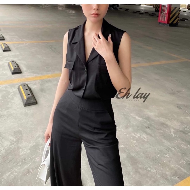 Set vest sát nách quần ống suông túi hộp thiết kế cao cấp vải đũi lạnh