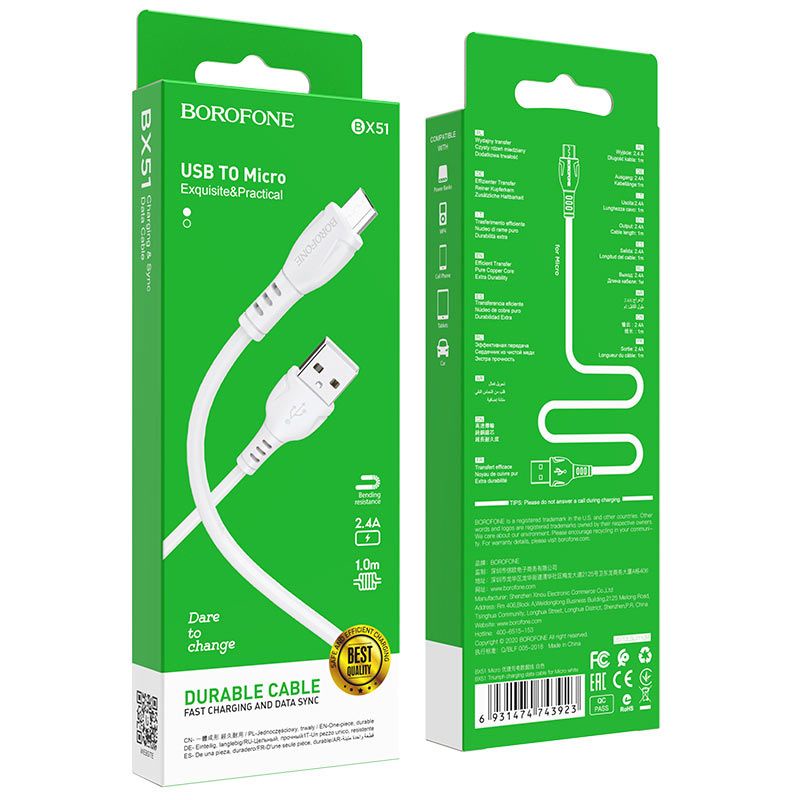 Dây cáp sạc nhanh Borofone BX51,cáp sạc chân dẹt/type C/Micro hỗ trợ sạc nhanh 2.4A và truyền dữ liệu