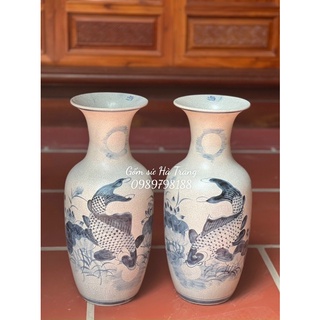 Đôi lọ lộc bình gốm sứ Bát Tràng cao cấp men rạn vẽ cá chép trông trăng Cao 50cm