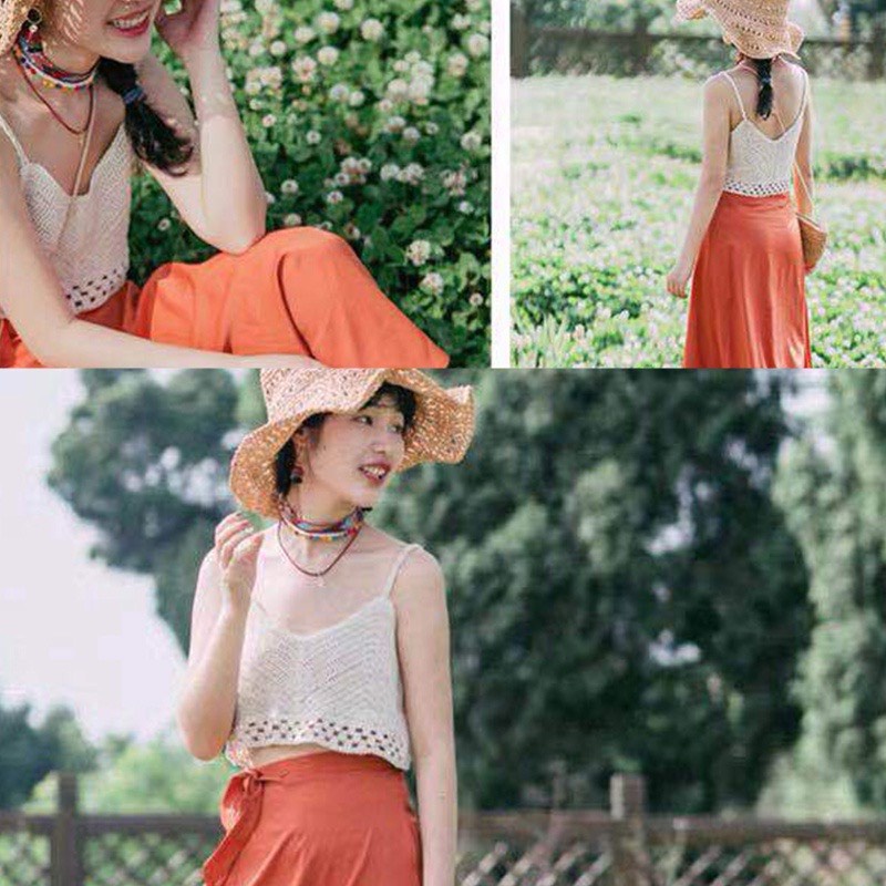 Áo hai dây len móc đi biển sexy cổ V quyến rũ vanmiushop