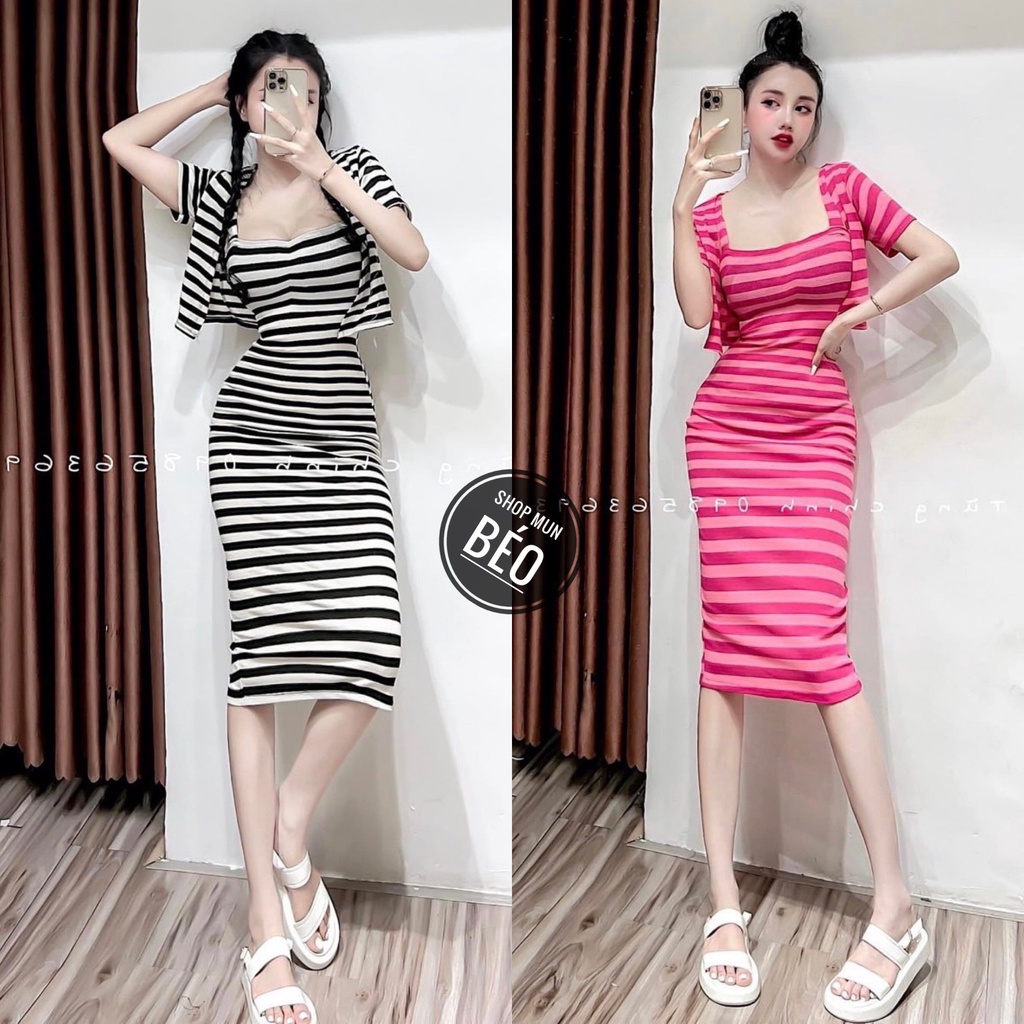 Set Đầm 2 Dây Sọc Ngang Kèm Áo Khoác Tay Ngắn Chất Thun Gân Ép Thích Hợp Mặc Đi Tiệc Đi Làm Đi Chơi